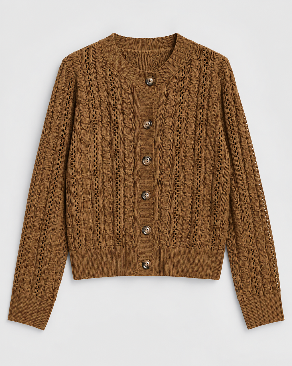 Women's Cable Knit Cardigan with Round Neck and Button Front