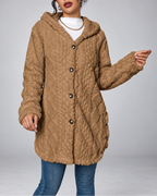 Women's Hooded Plush Cable Knit Longline Cardigan with Button Front