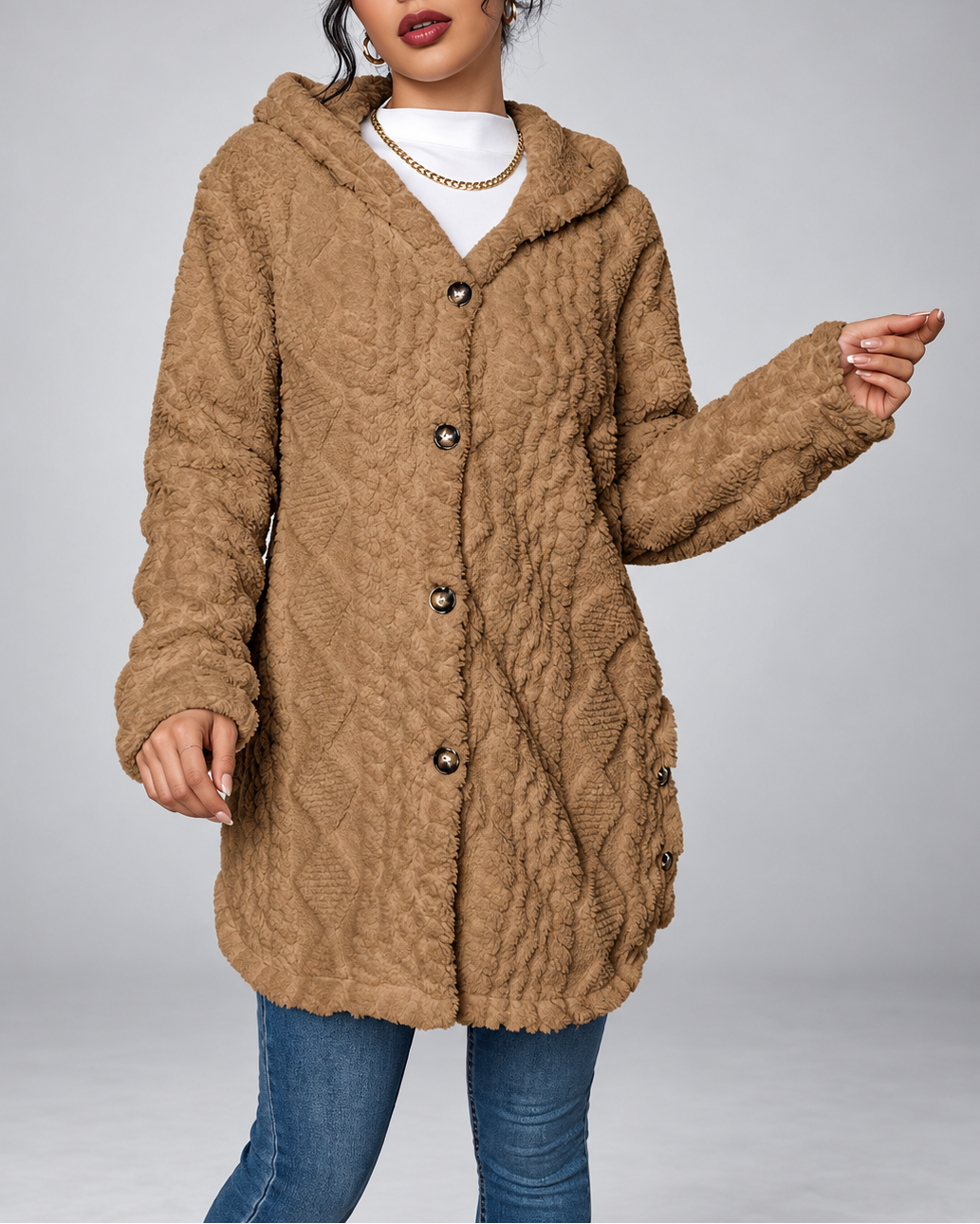 Women's Hooded Plush Cable Knit Longline Cardigan with Button Front