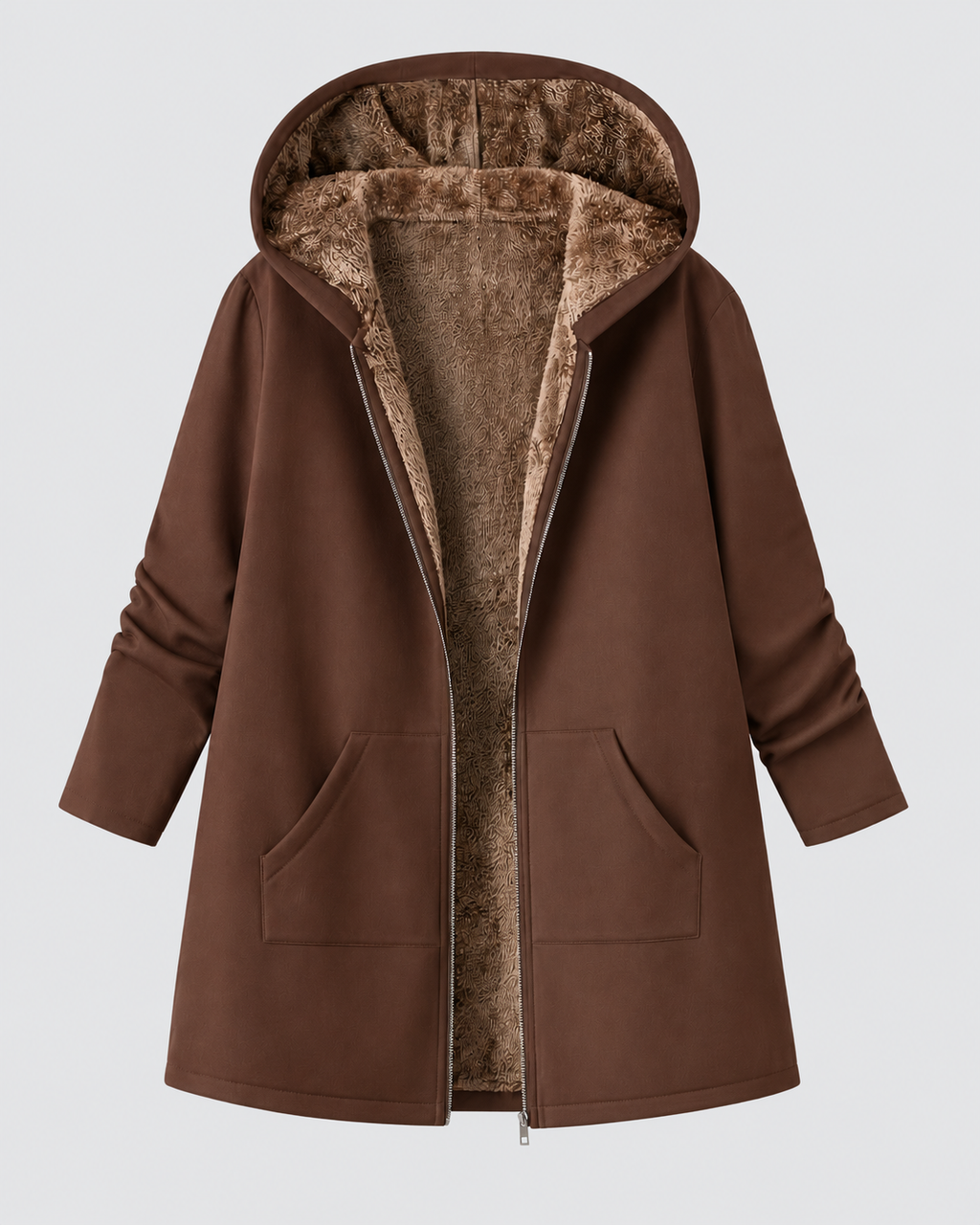 Women's Fleece Lined Hooded Longline Jacket with Zip Front