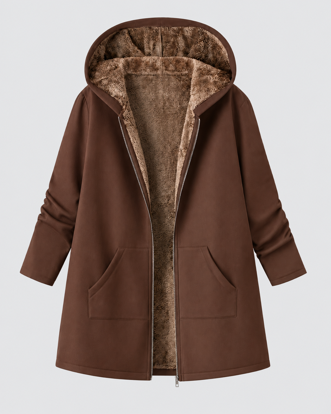 Women's Fleece Lined Hooded Longline Jacket with Zip Front