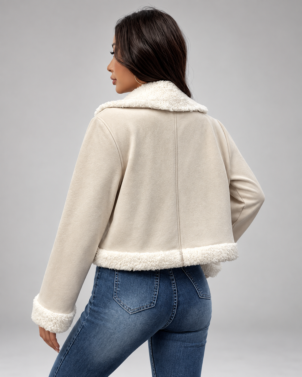 Women's Suede Style Aviator Jacket with Shearling Collar and Zip Front