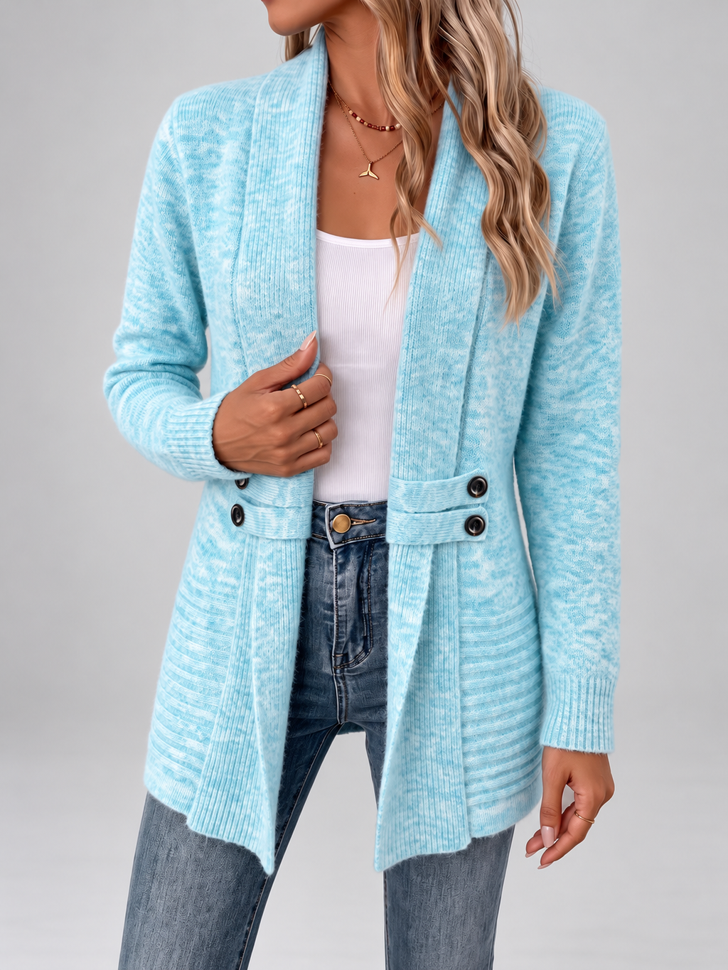 Women's Longline Knit Cardigan with Shawl Collar and Button Tabs