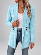 Women's Longline Knit Cardigan with Shawl Collar and Button Tabs