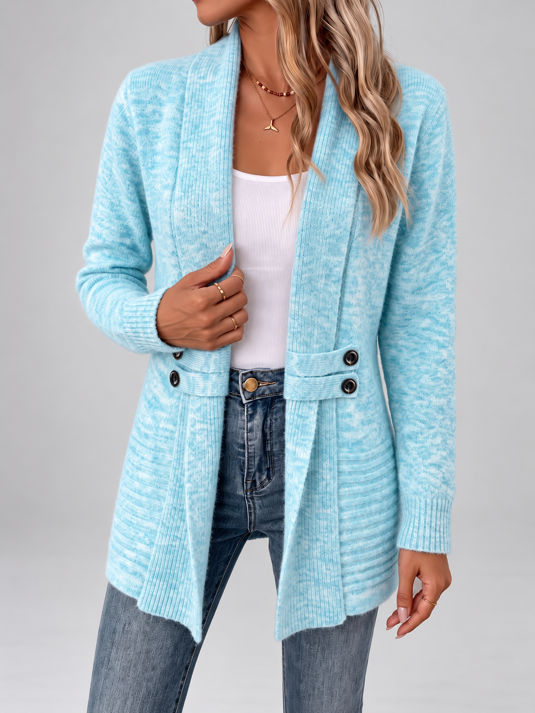 Women's Longline Knit Cardigan with Shawl Collar and Button Tabs