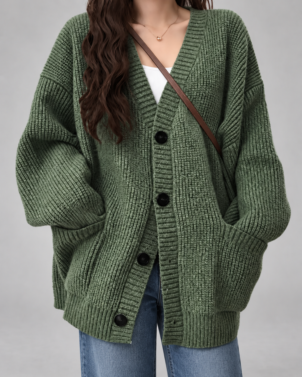 Women's Oversized V-Neck Cardigan with Button Front