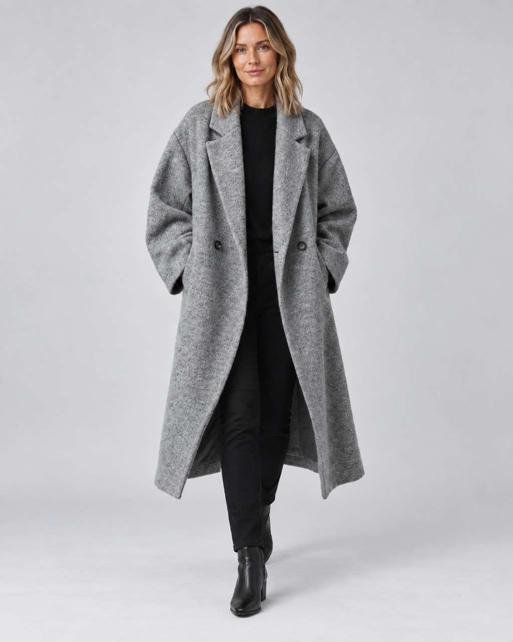 Women's Longline Coat with Notch Lapel and Double Breasted Front