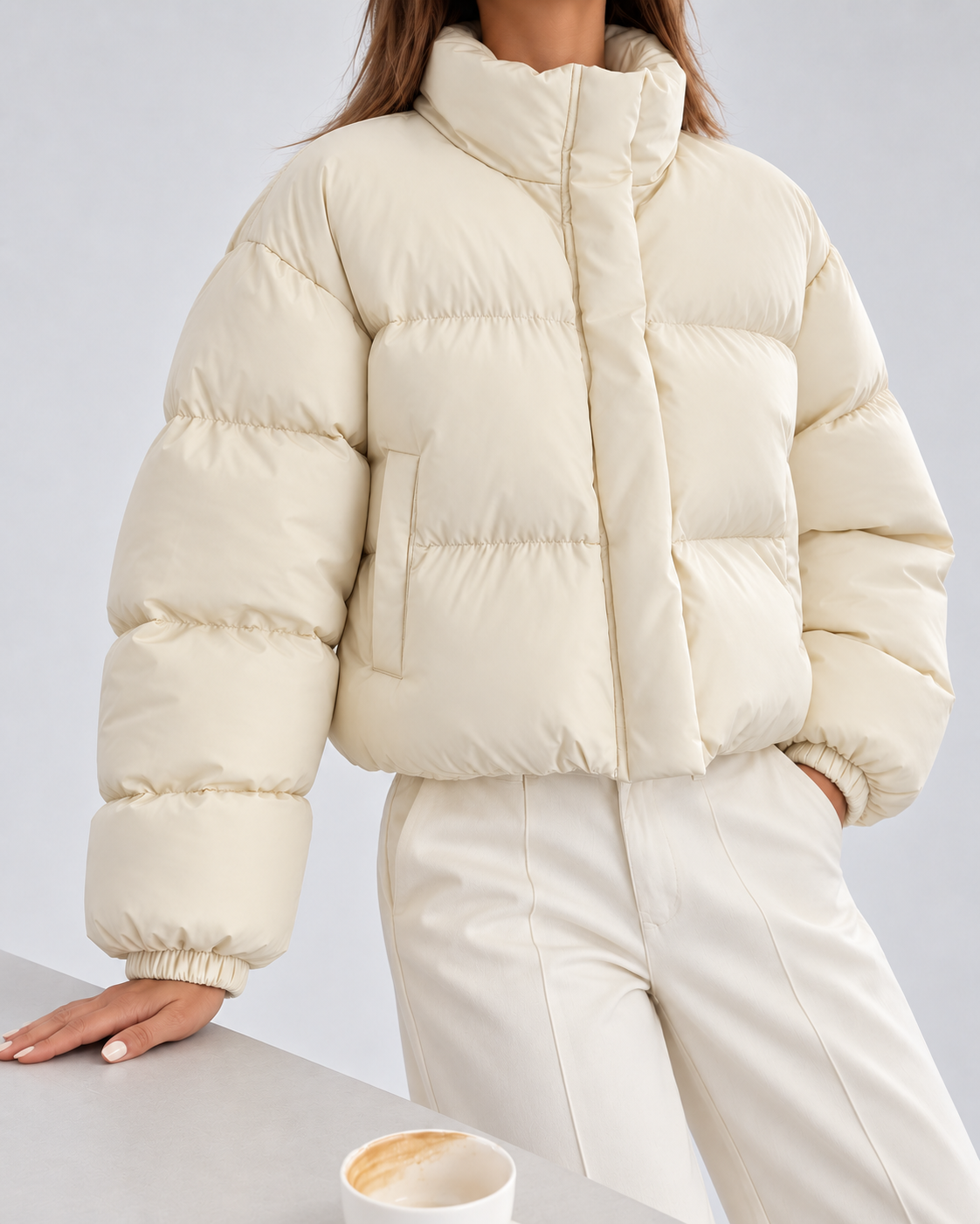 Women's Cropped Oversized Padded Puffer Jacket with Stand Collar