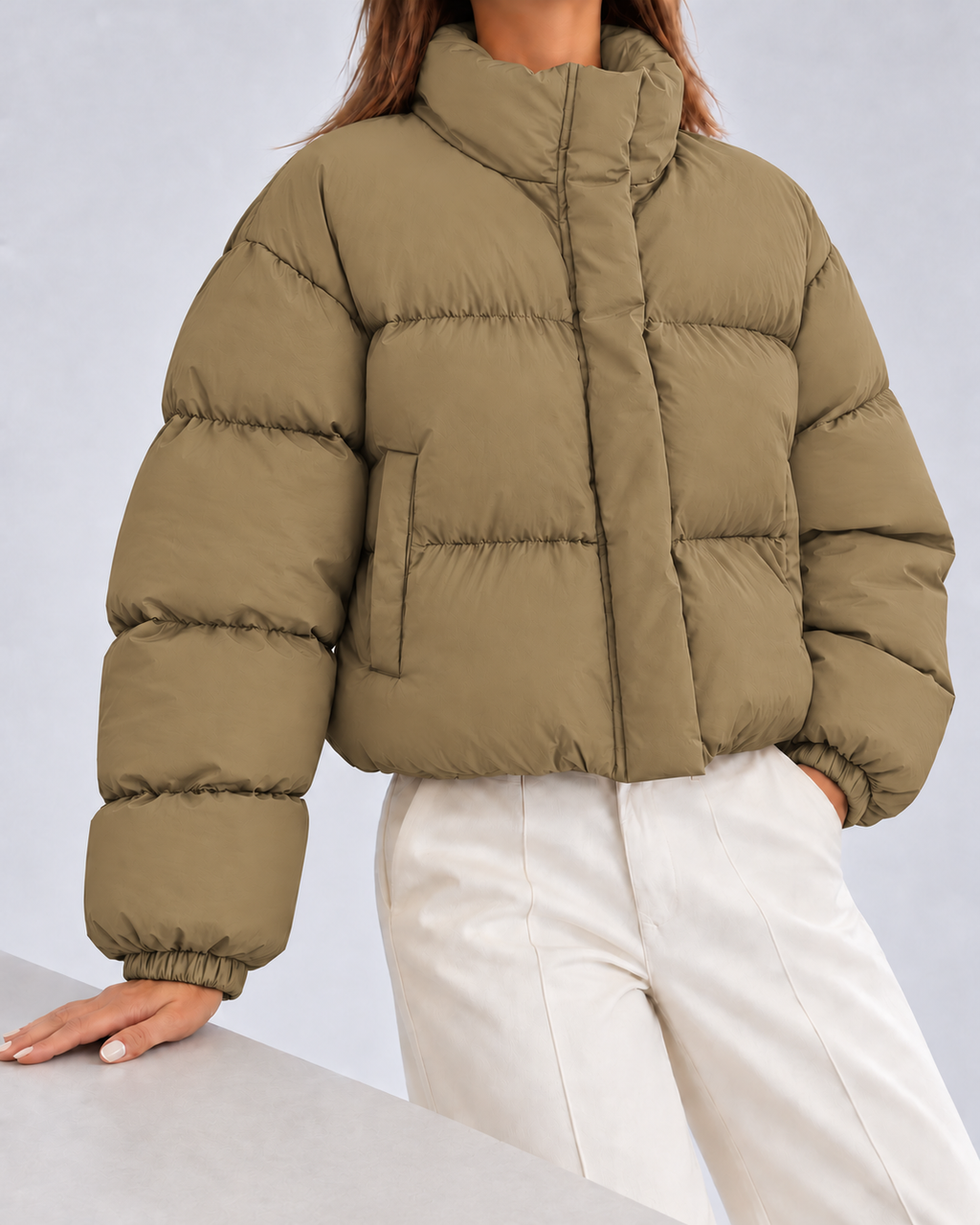 Women's Cropped Oversized Padded Puffer Jacket with Stand Collar