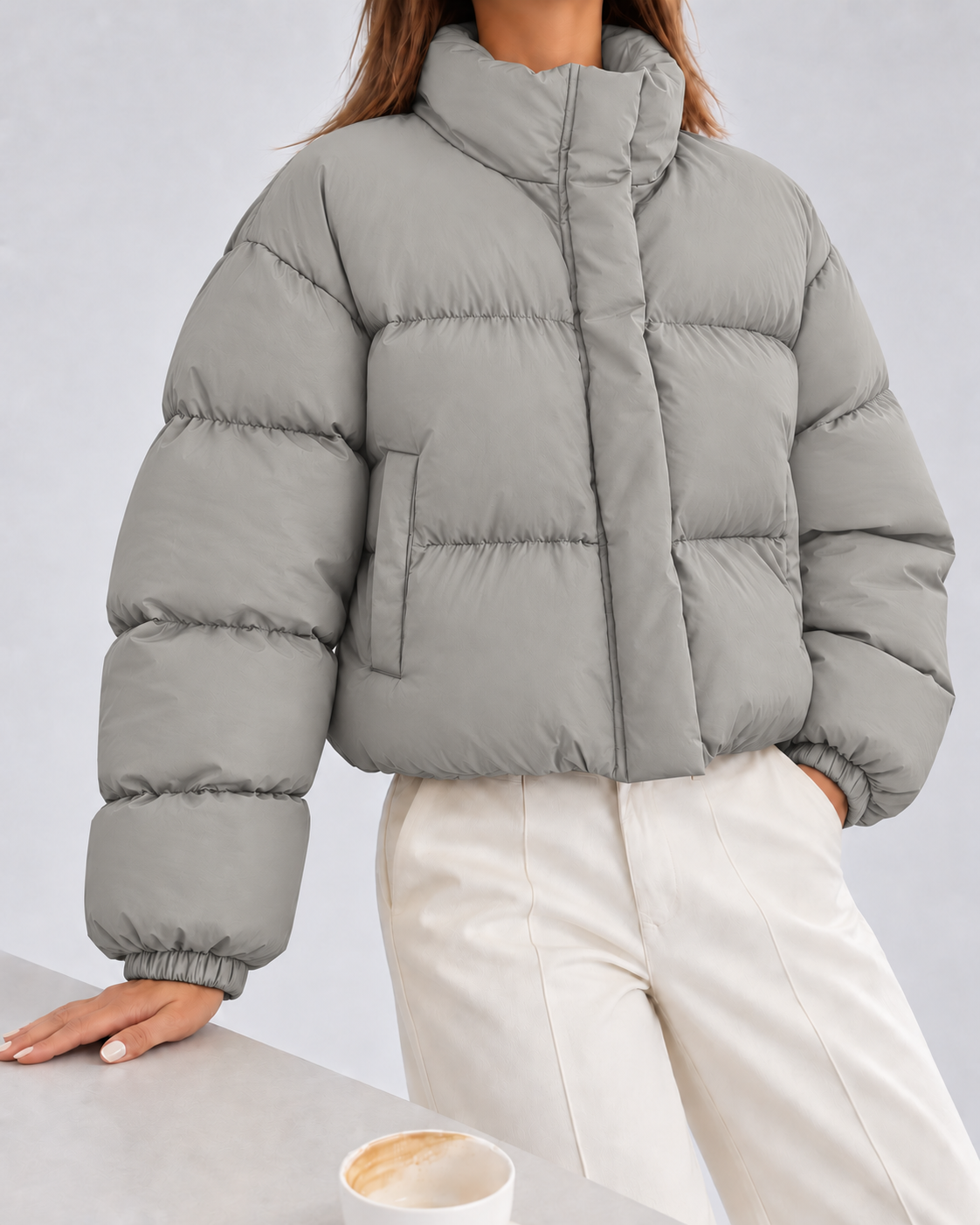 Women's Cropped Oversized Padded Puffer Jacket with Stand Collar