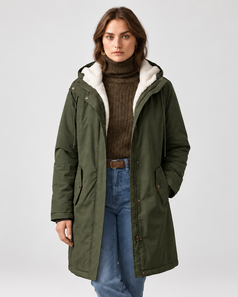 Women's Fleece Lined Long Parka with Hood and Drawstring Waist