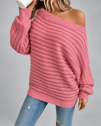 Women's Batwing Sleeve Ribbed Knit Jumper with Off Shoulder Neck