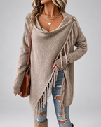 Women's Draped Knit Cardigan with Fringe Trim and Open Front