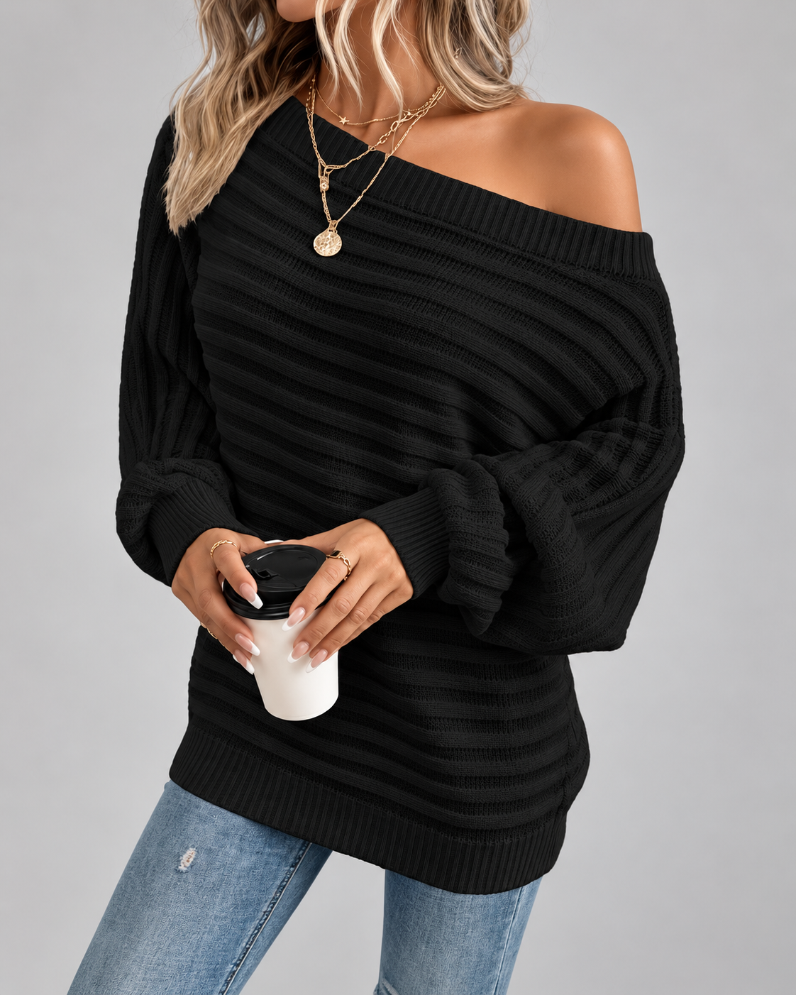Women's Batwing Sleeve Ribbed Knit Jumper with Off Shoulder Neck