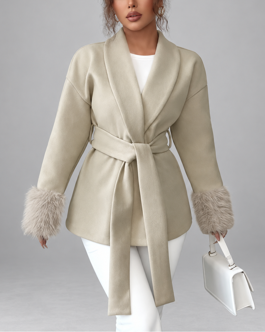 Women's Belted Blazer Jacket with Faux Fur Cuffs