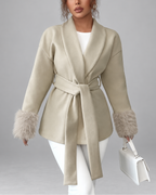 Women's Belted Blazer Jacket with Faux Fur Cuffs