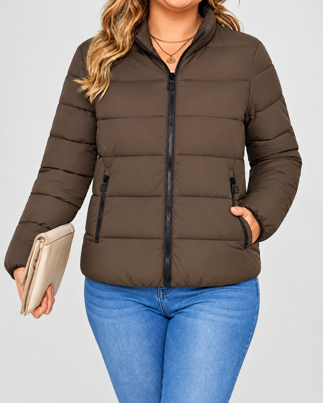 Women's Puffer Jacket with Zip Pockets and Stand Collar