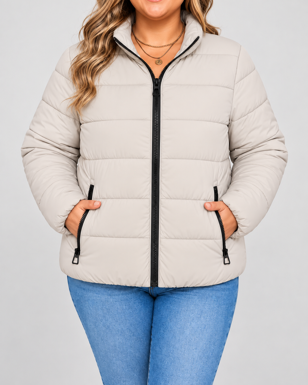 Women's Puffer Jacket with Zip Pockets and Stand Collar