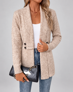 Women's Longline Knit Cardigan with Shawl Collar and Button Tabs