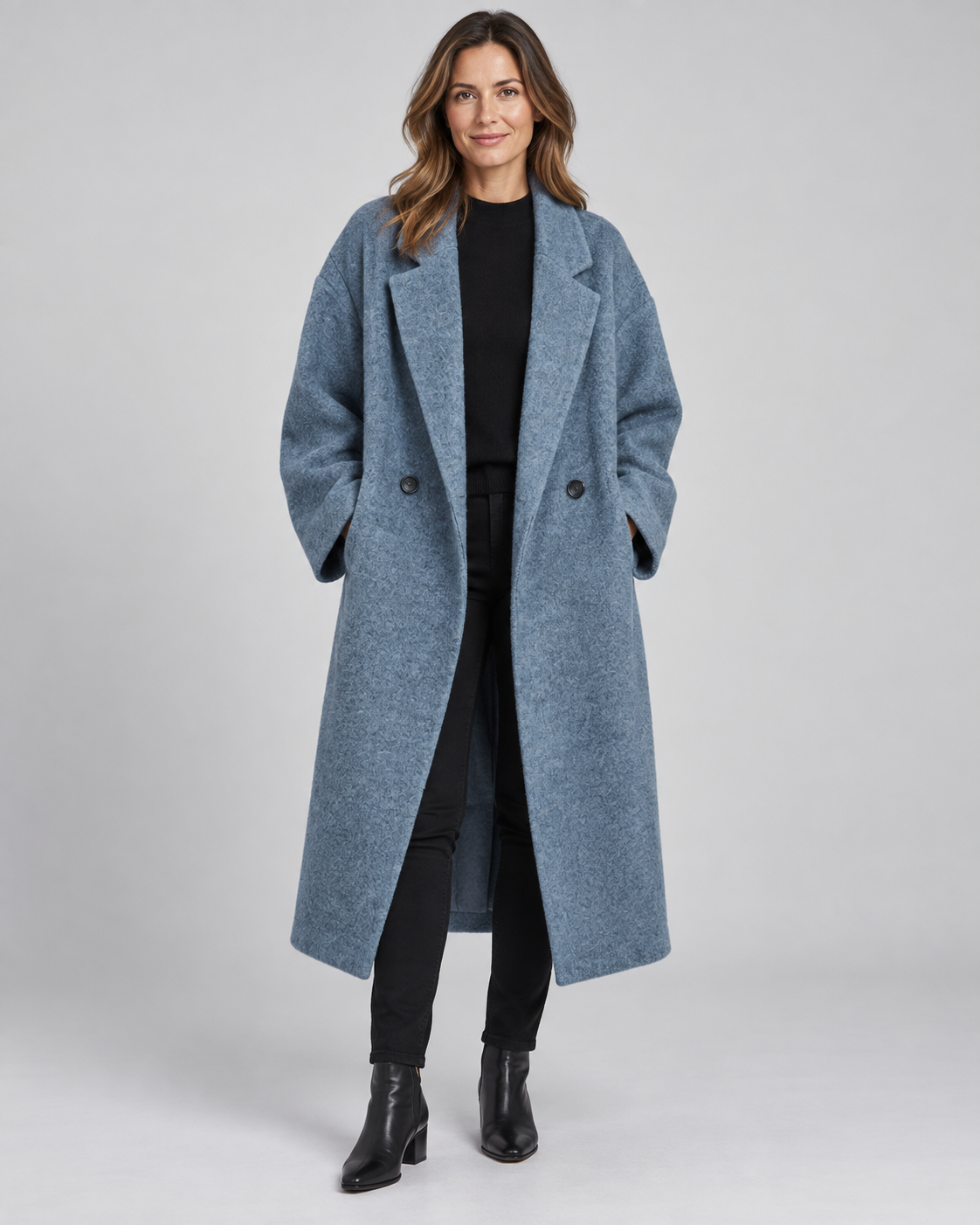 Women's Longline Coat with Notch Lapel and Double Breasted Front