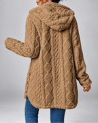 Women's Hooded Plush Cable Knit Longline Cardigan with Button Front