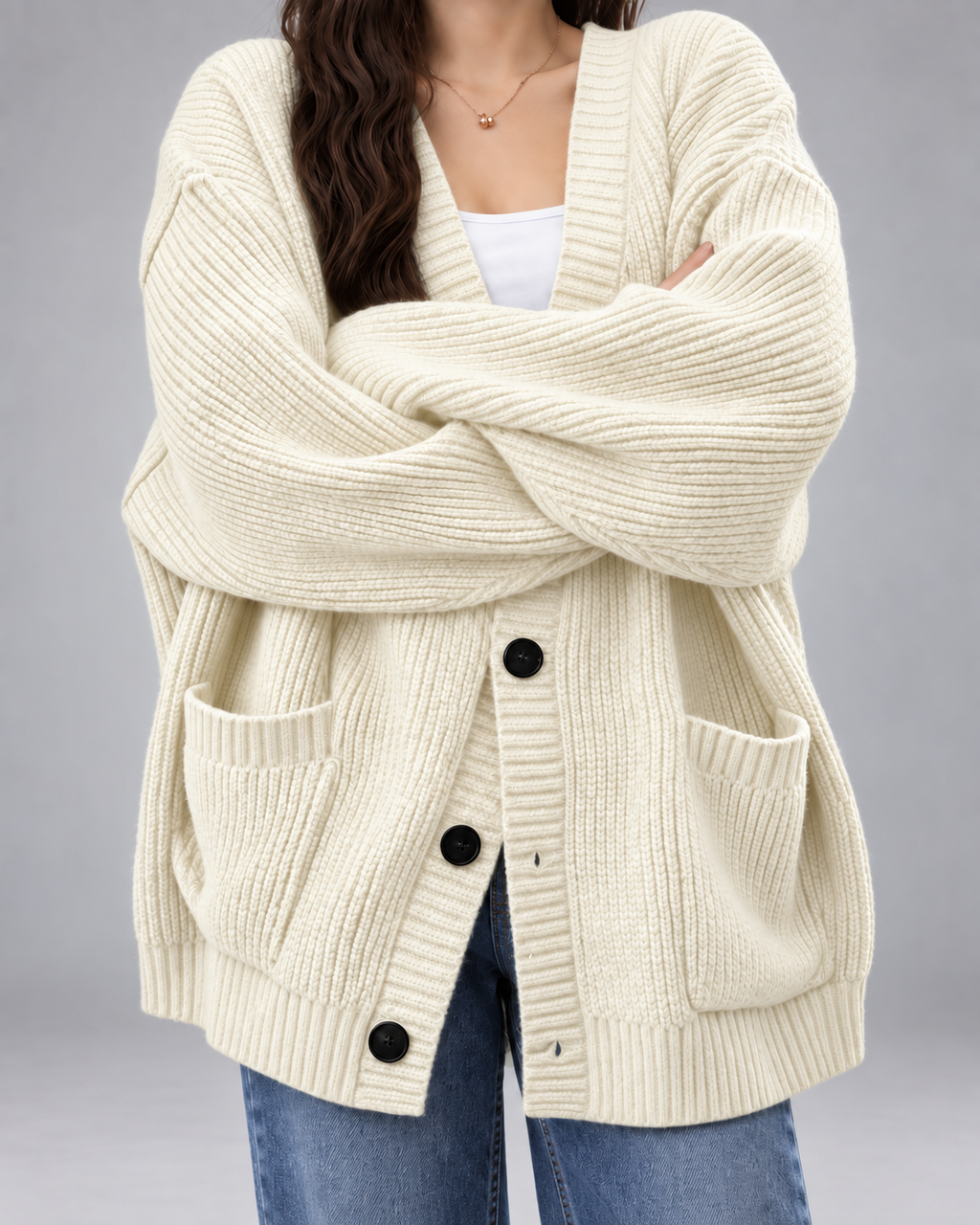 Women's Oversized V-Neck Cardigan with Button Front