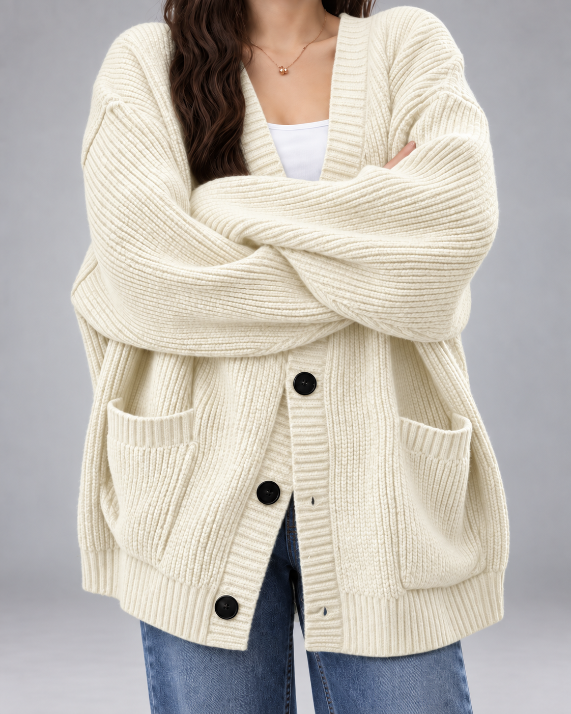 Women's Oversized V-Neck Cardigan with Button Front