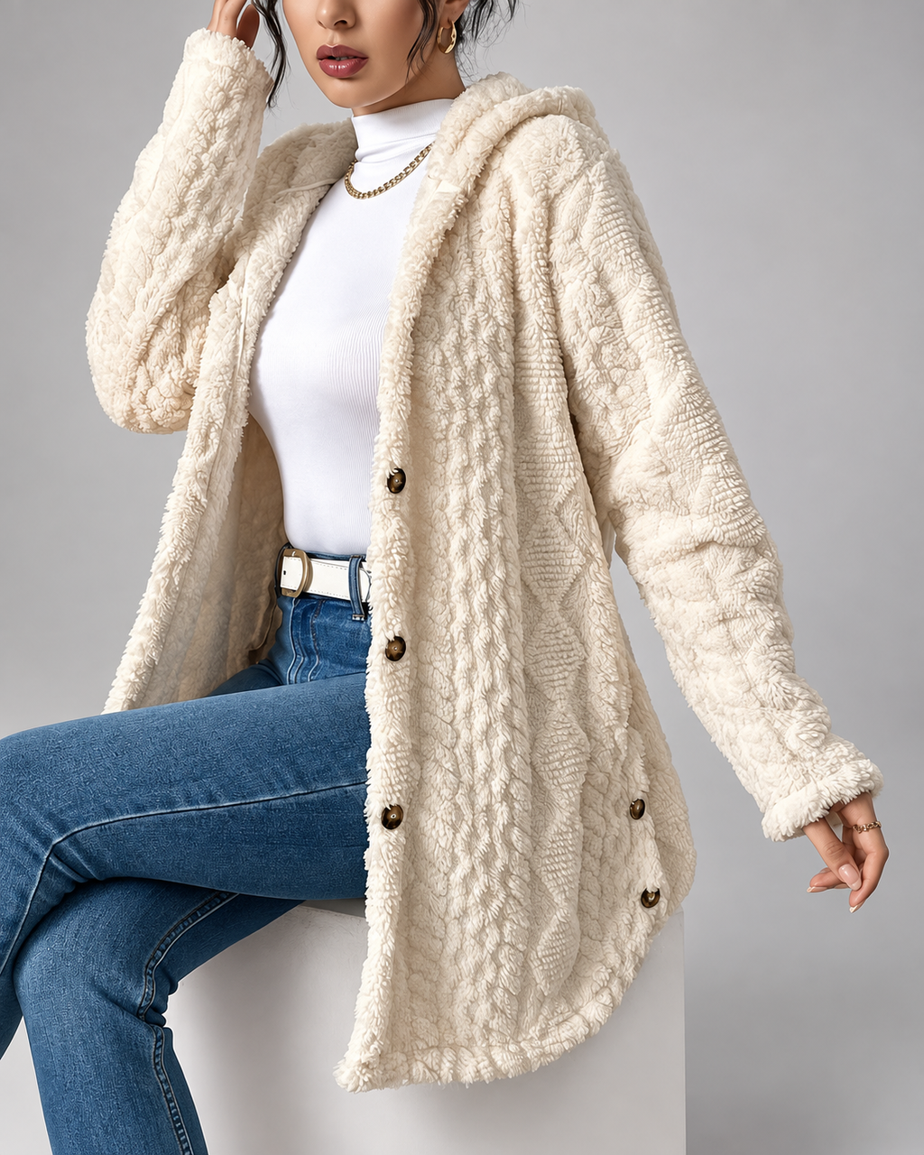 Women's Hooded Plush Cable Knit Longline Cardigan with Button Front