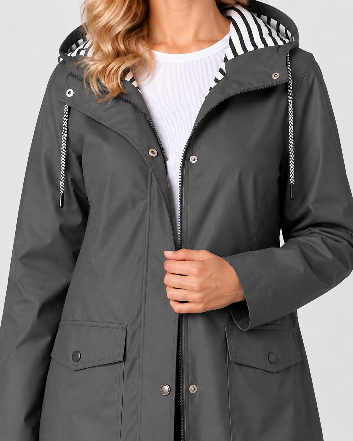 Women's Waterproof Windproof Hooded Rain Coat with Zip Front and Pockets
