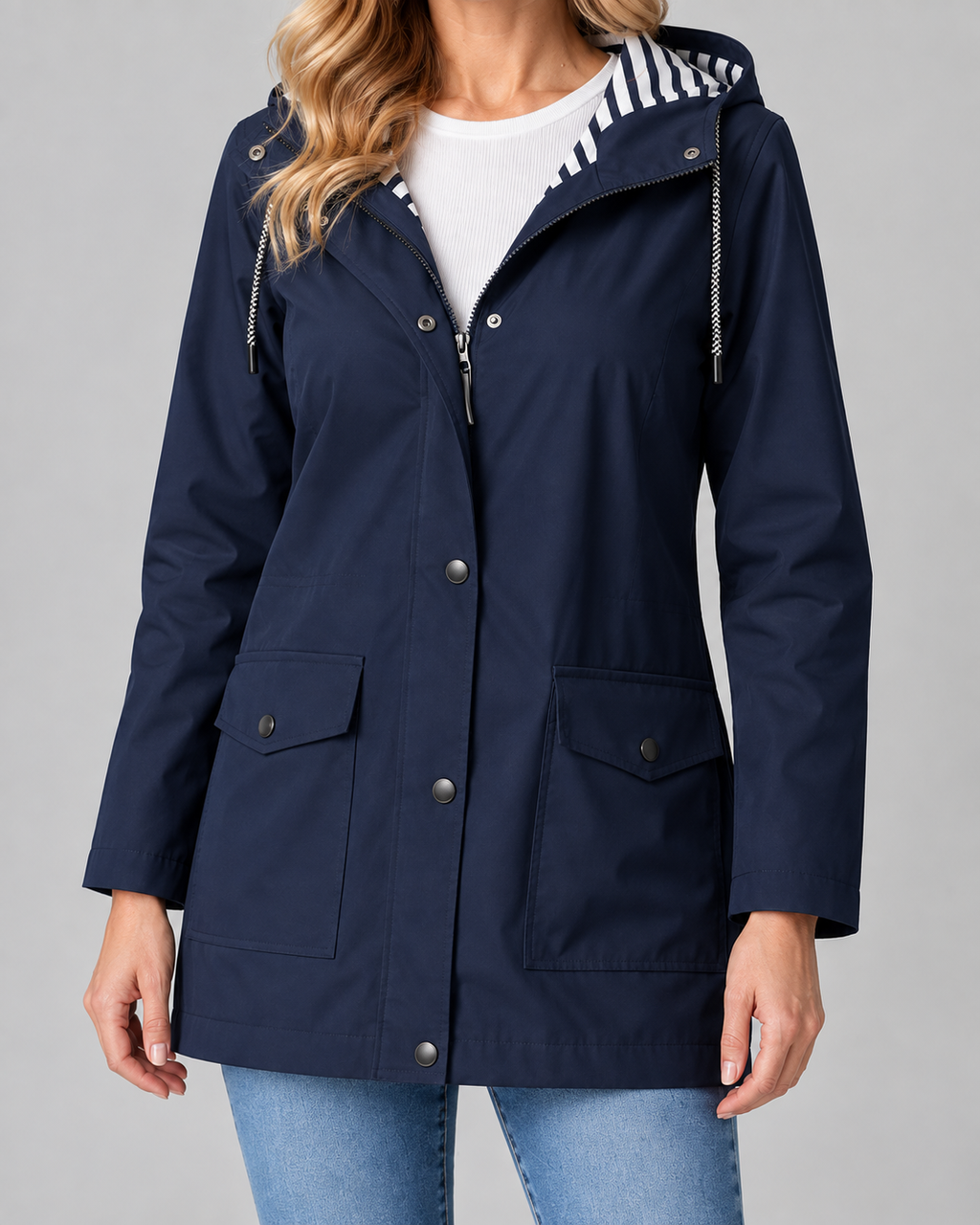 Women's Waterproof Windproof Hooded Rain Coat with Zip Front and Pockets