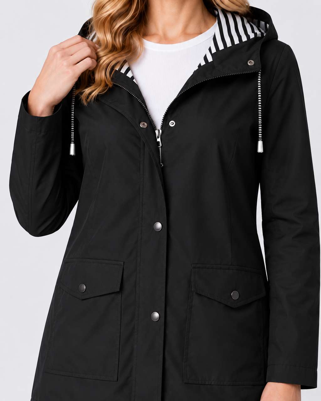 Women's Waterproof Windproof Hooded Rain Coat with Zip Front and Pockets