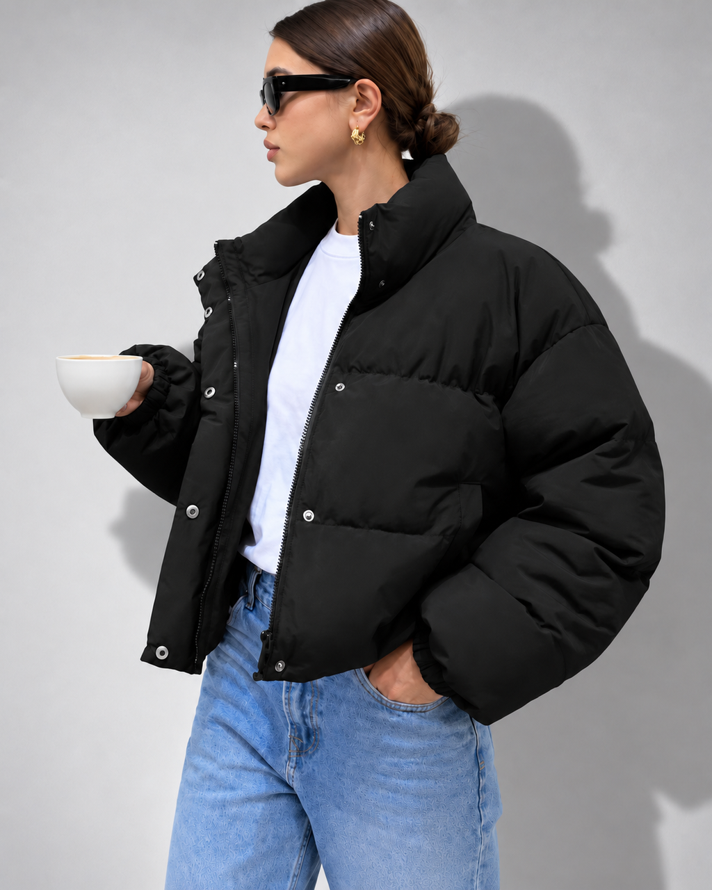 Women's Oversized Padded Puffer Jacket with Funnel Collar and Zip Front