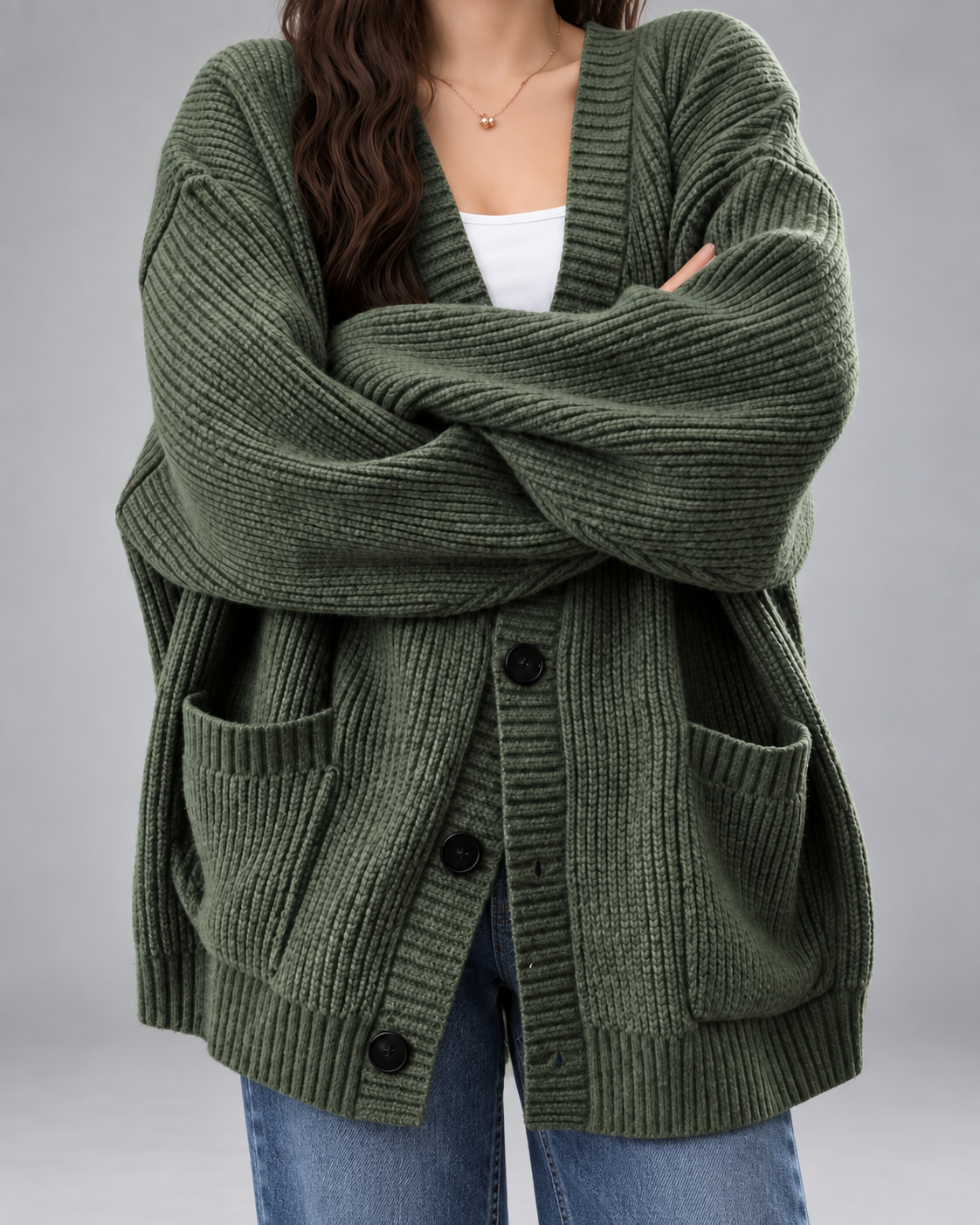 Women's Oversized V-Neck Cardigan with Button Front