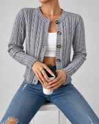 Women's Cable Knit Cardigan with Round Neck and Button Front