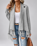 Women's Draped Knit Cardigan with Fringe Trim and Open Front