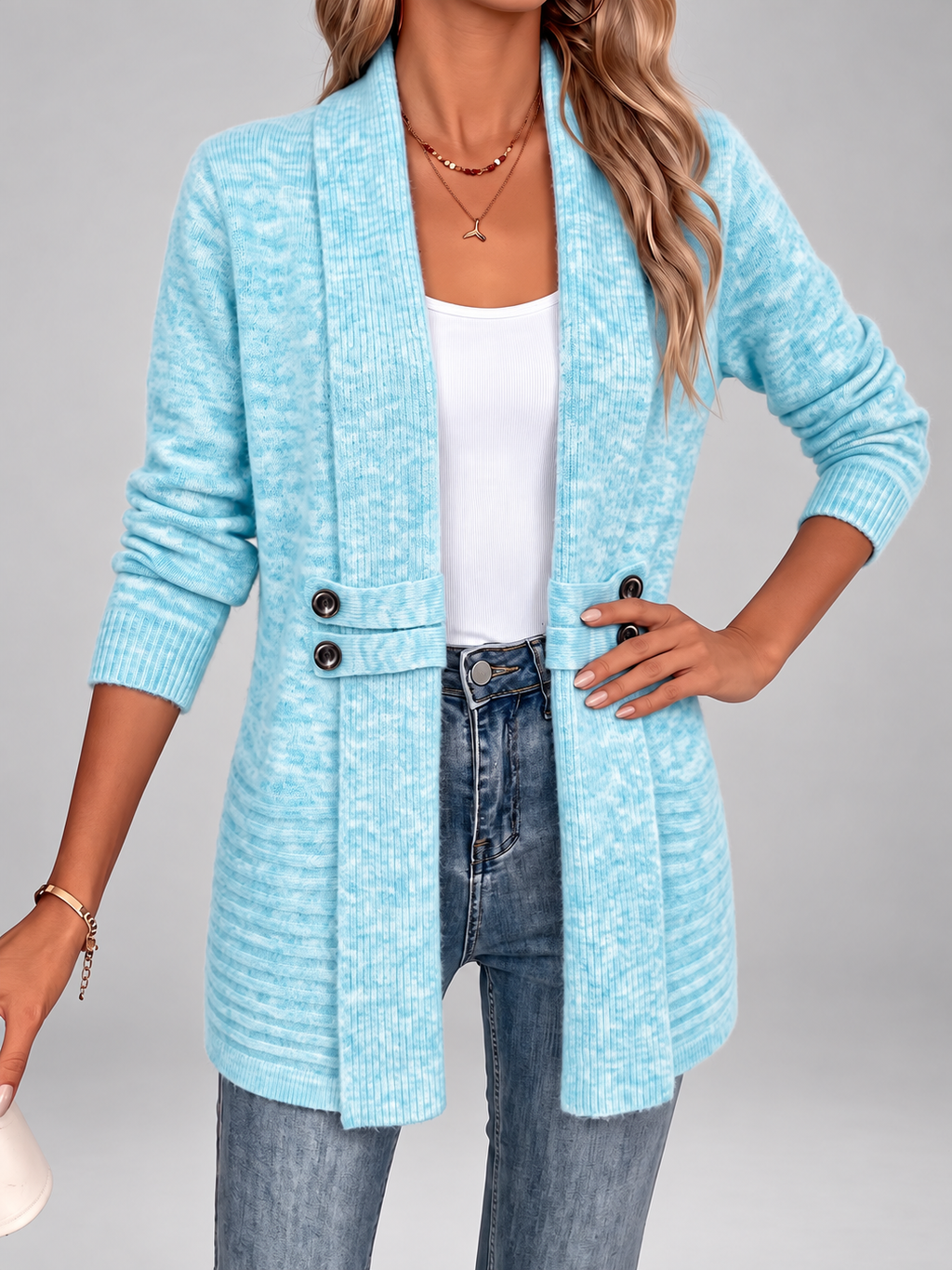 Women's Longline Knit Cardigan with Shawl Collar and Button Tabs