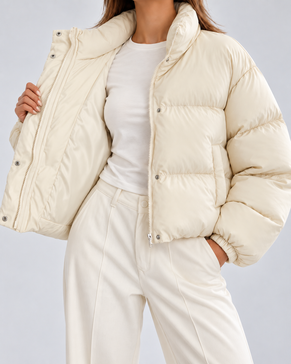 Women's Cropped Oversized Padded Puffer Jacket with Stand Collar
