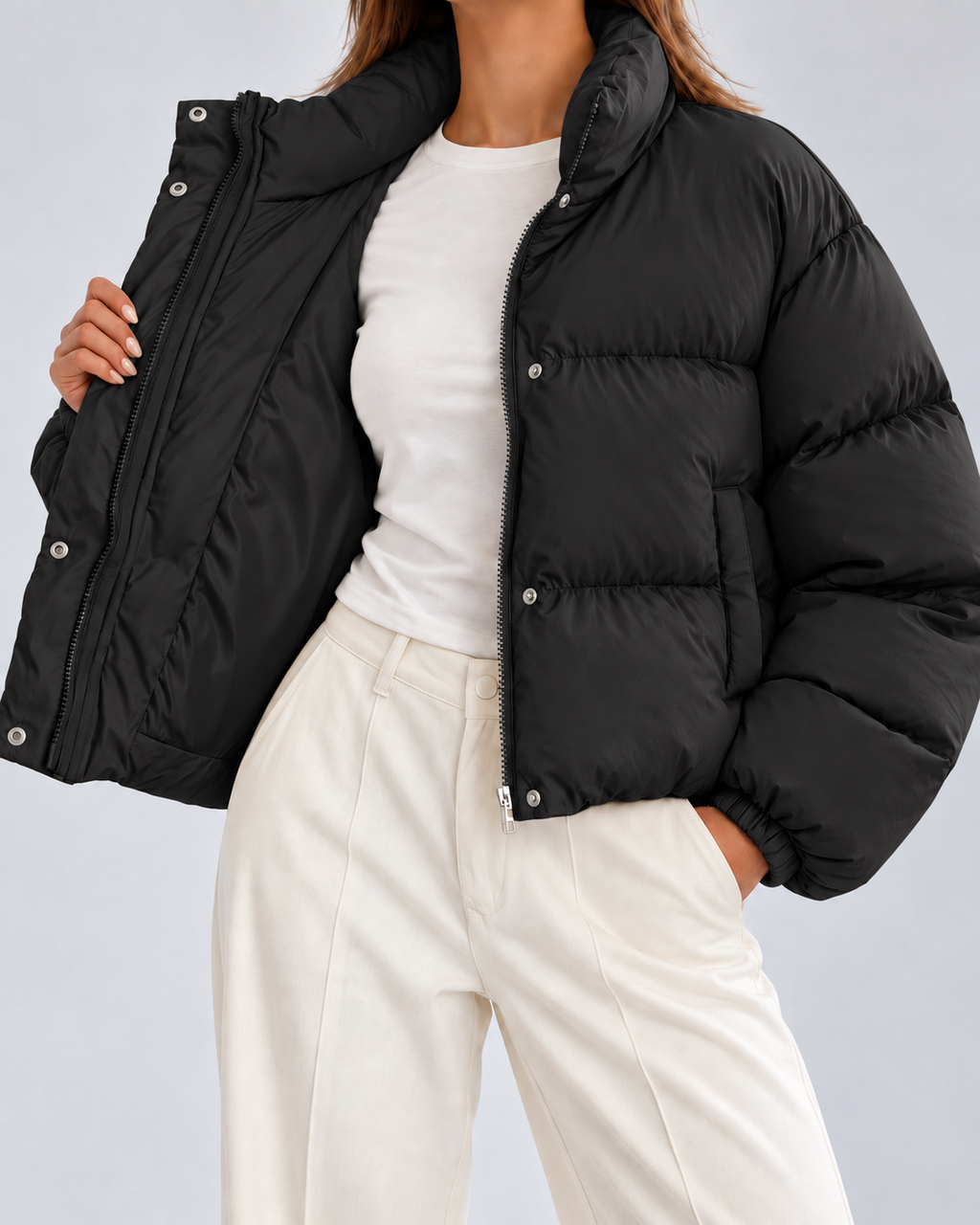 Women's Cropped Oversized Padded Puffer Jacket with Stand Collar