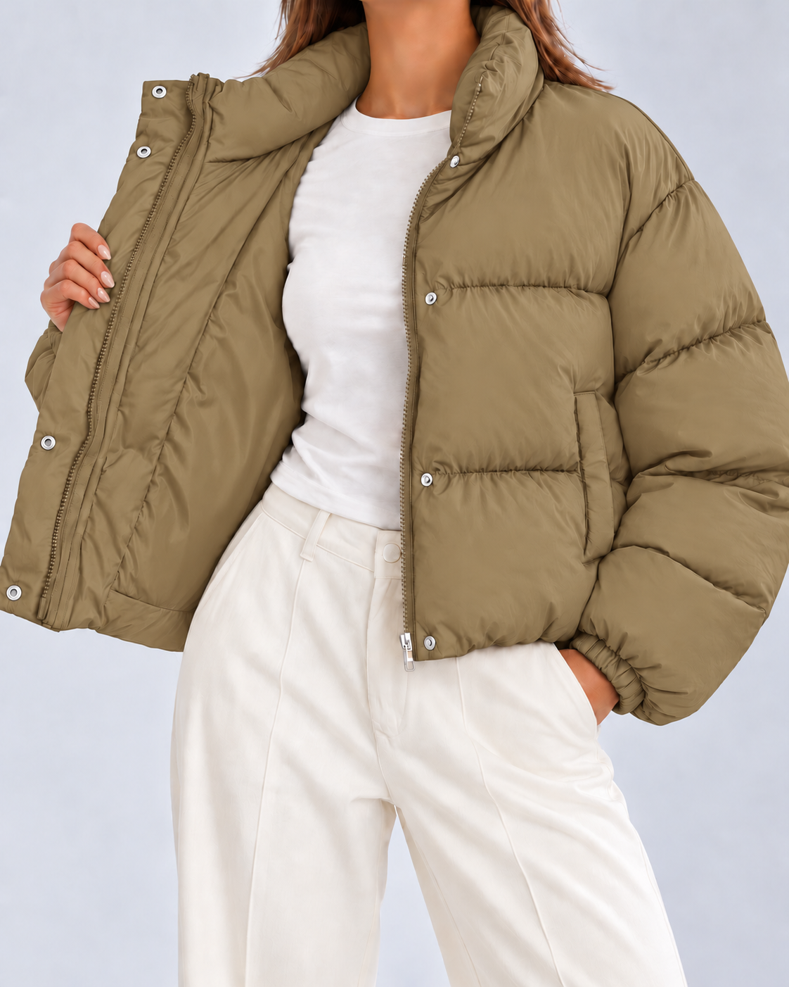 Women's Cropped Oversized Padded Puffer Jacket with Stand Collar