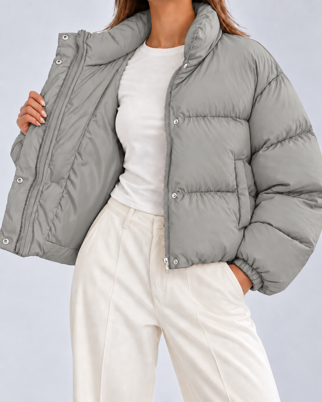 Women's Cropped Oversized Padded Puffer Jacket with Stand Collar