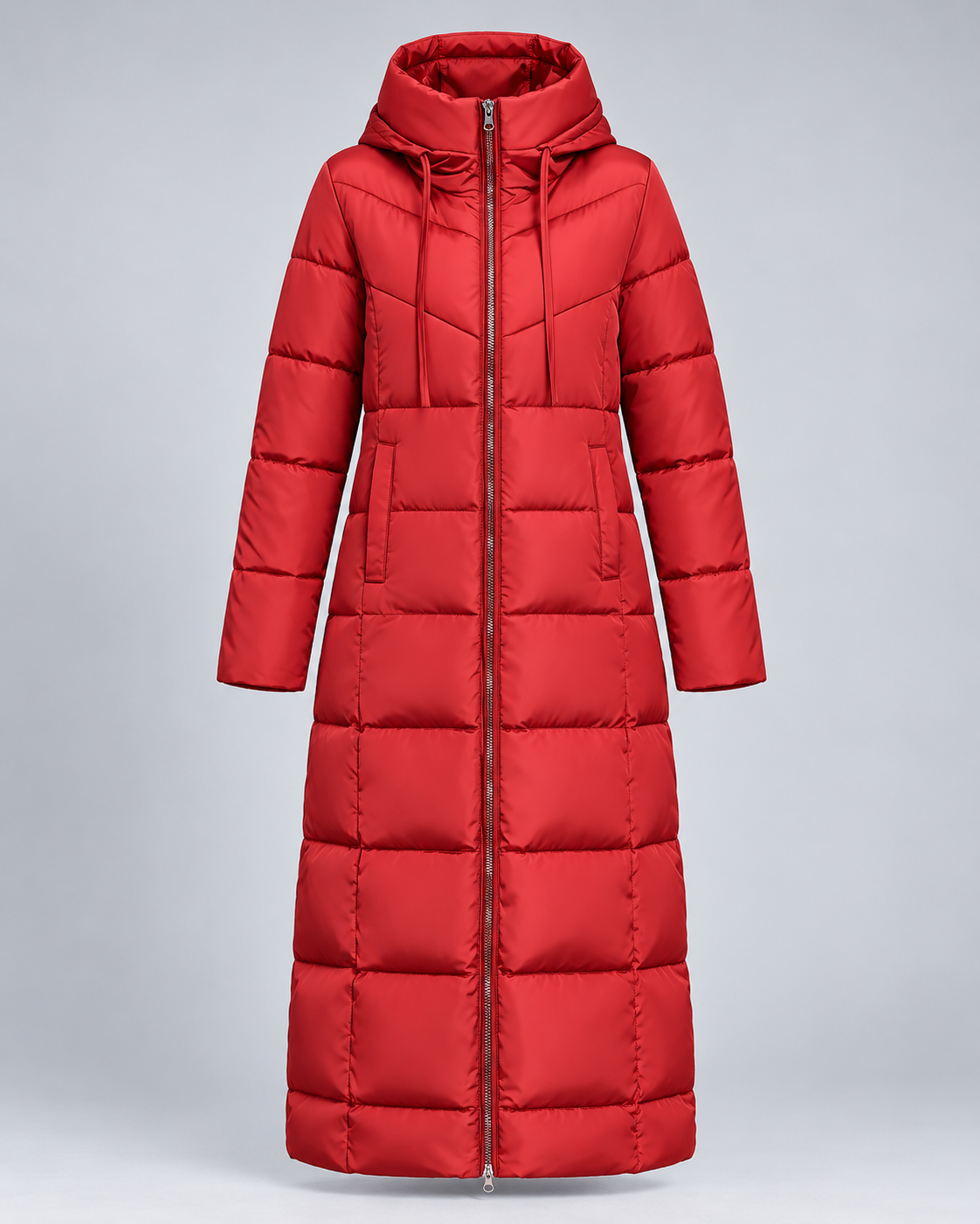 Women's Hooded Longline Padded Puffer Coat with Zip Front and Pockets