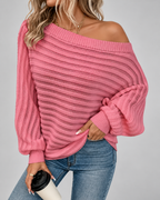 Women's Batwing Sleeve Ribbed Knit Jumper with Off Shoulder Neck