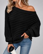 Women's Batwing Sleeve Ribbed Knit Jumper with Off Shoulder Neck