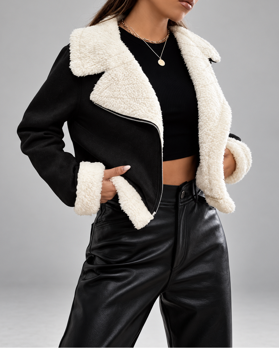 Women's Suede Style Aviator Jacket with Shearling Collar and Zip Front