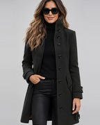 Women's Long Wool Blend Coat with High Collar and Button Front