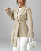 Women's Belted Blazer Jacket with Faux Fur Cuffs