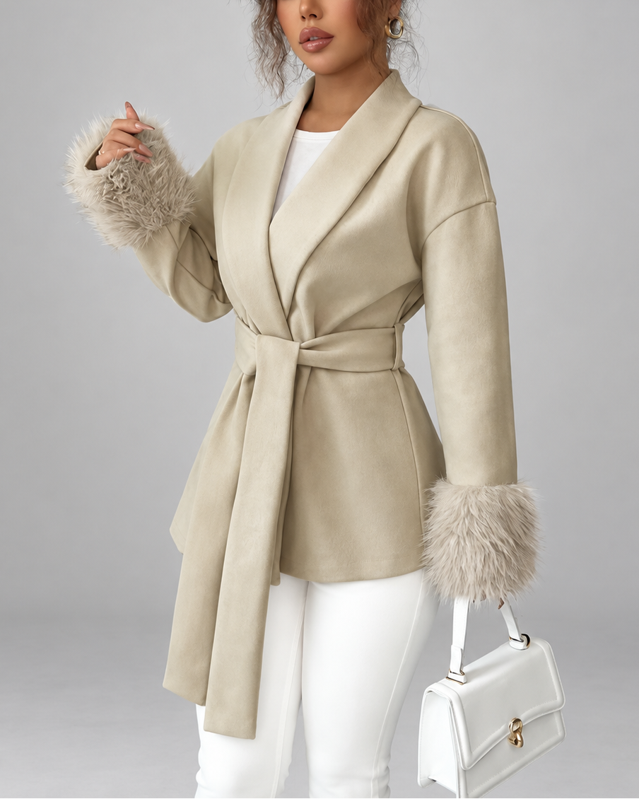 Women's Belted Blazer Jacket with Faux Fur Cuffs