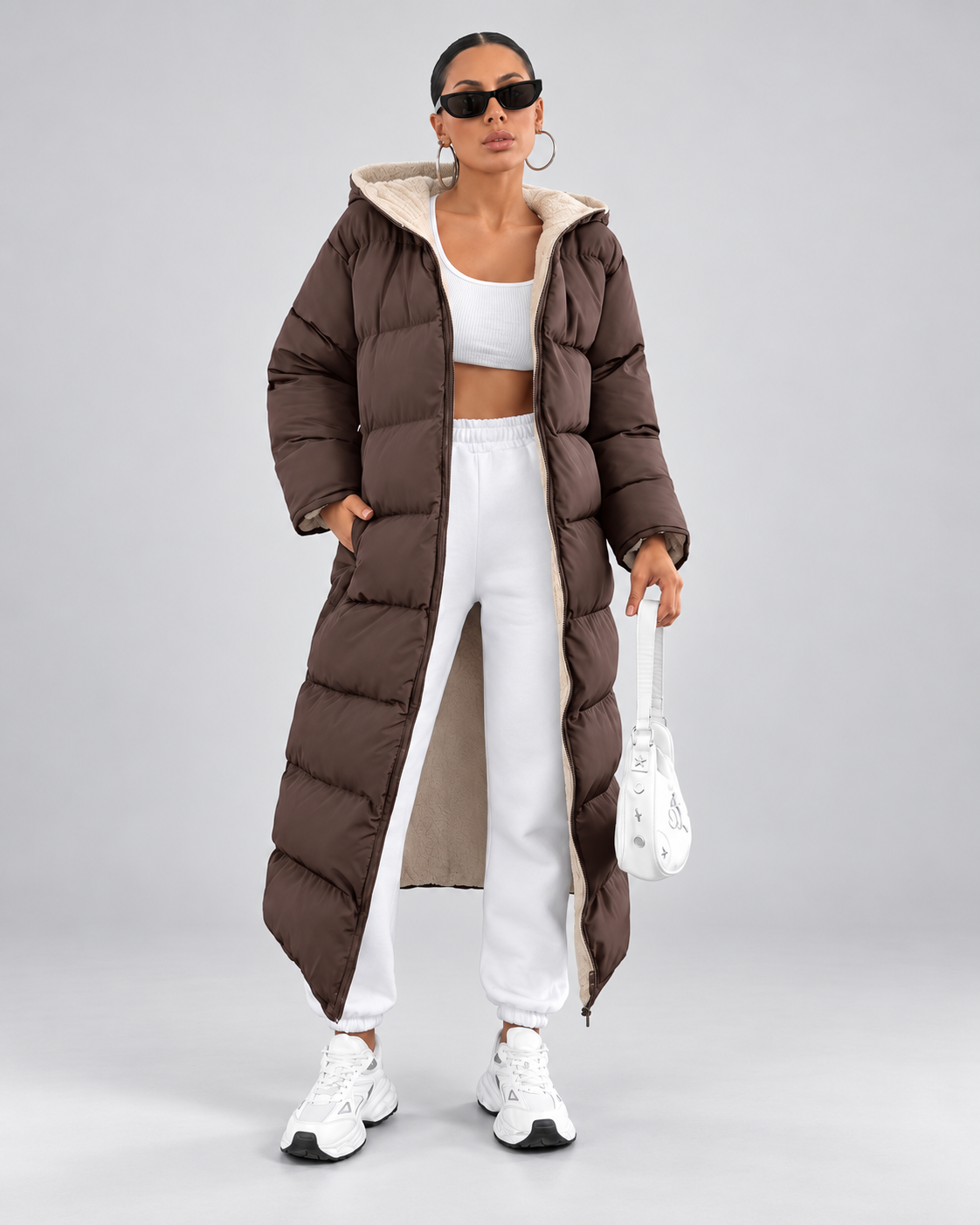 Women's Maxi Puffer Coat with Sherpa Lined Hood and Zip Front