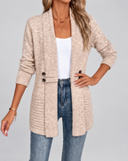 Women's Longline Knit Cardigan with Shawl Collar and Button Tabs