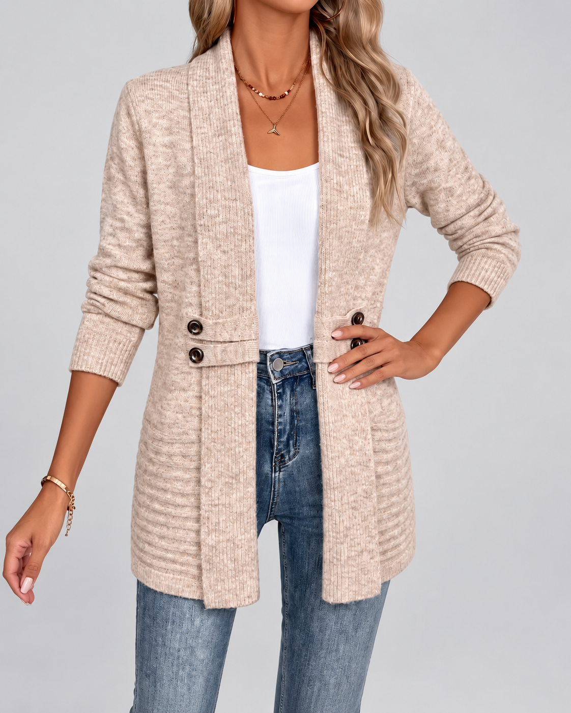 Women's Longline Knit Cardigan with Shawl Collar and Button Tabs